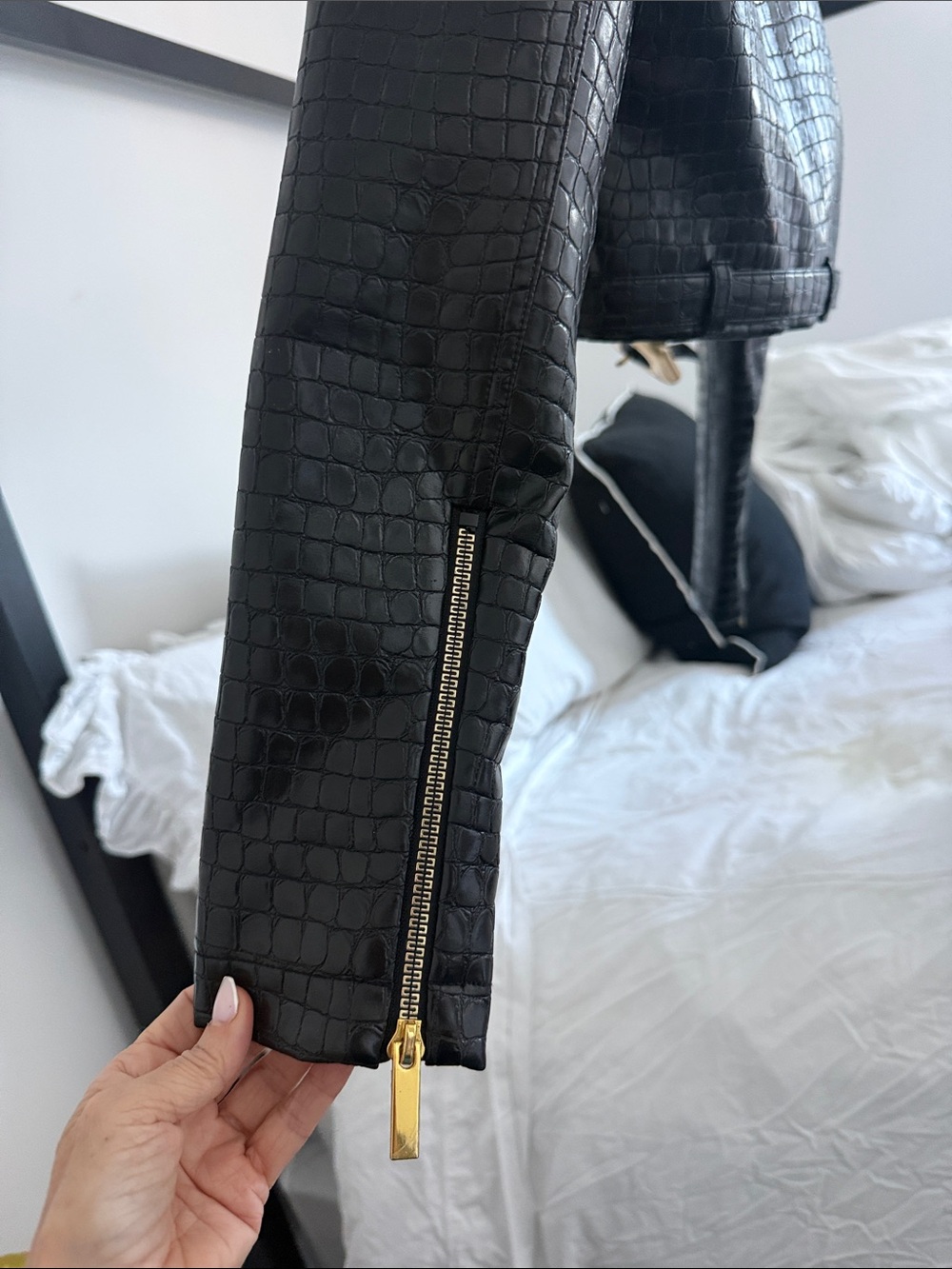 Alice + Olivia Black Croc-Embossed Leather Moto Jacket with Gold Hardware Accent - Picture 2 of 5